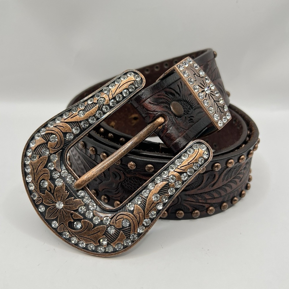 Angel Ranch 3-D Western Leather Belt M Brown Floral Studded Rhinestone Buckle